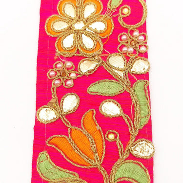 Dark Pink Fabric Trim In Green, Orange & Gold Floral Embroidery, Beaded Gota Patti